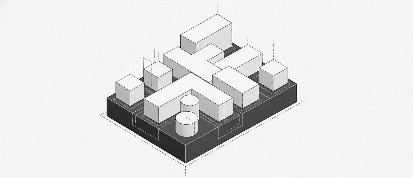 Diagrama isométrico: piezas modulares encajadas sobre una base común, como los módulos de un ERP sobre un sistema único